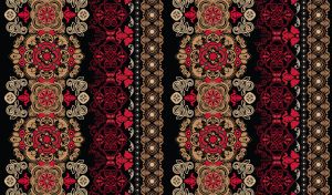 Ethnic boho seamless pattern with floral ornament in red, gold and black shades