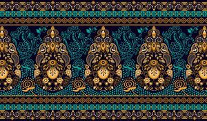 Ethnic paisley seamless pattern with floral ornament in teal, gold and black shades