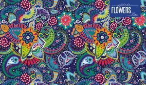 Aesthetic floral and paisley ornaments in vivid colors on a navy backdrop