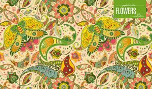 Aesthetic floral and paisley ornaments in bright shades on a beige backdrop