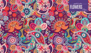 Aesthetic floral and paisley ornaments in vivid shades on a purple backdrop