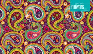 Aesthetic paisley ornaments in vivid shades on a purple backdrop