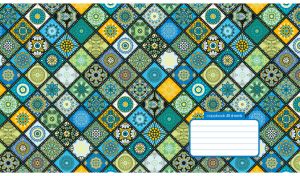 Seamless mandala pattern with oblique tiles in green, teal and blue shades