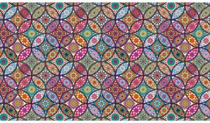 Seamless mandala pattern with ring tiles in pink, yellow and teal shades