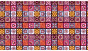Seamless mandala pattern with square tiles in pink, orange and blue shades