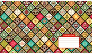 Seamless mandala pattern with oblique tiles in green, yellow and teal shades