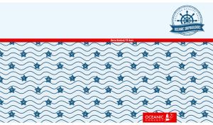 Oceanic Shipbuilder emblem over a navy blue seamless starfish and wave pattern