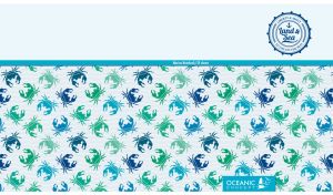 Land and Sea emblem over a light blue seamless crab pattern