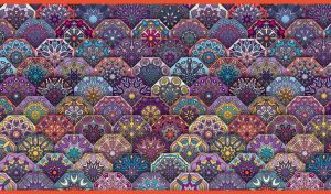 Seamless boho mandala pattern with half octagon mosaic tiles in purple hues
