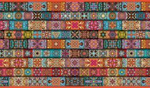 Seamless boho mandala pattern with stripes and squares in ocher hues
