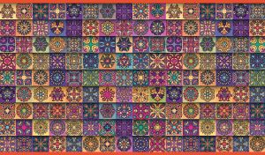 Seamless boho mandala pattern with square mosaic tiles in ocher and purple hues