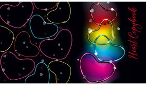 A seamless pattern with neon illuminated hearts on a black backdrop