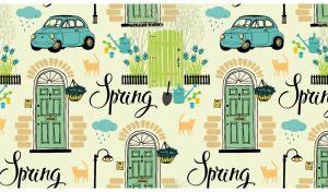Spring town seamless pattern illustration on pastel yellow background