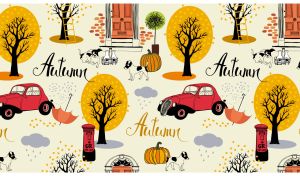 Autumn town seamless pattern illustration on pastel yellow background