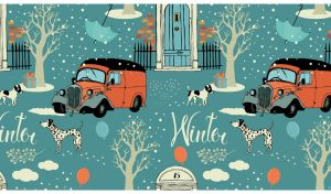 Winter town seamless pattern illustration on teal background