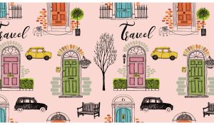Travel town seamless pattern illustration on pastel pink background