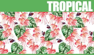 Seamless tropical pattern with butterflies, fuchsia flowers and anthurium leaves