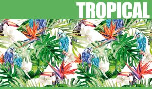 Seamless tropical pattern with toucans, blue macaws, green leaves and paradise flowers