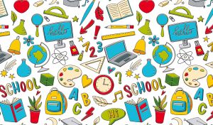 Welcome to school backdrop with stationery icons on a white backdrop