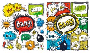 Comic book-style backdrop with hand-drawn speech bubble interjections on white