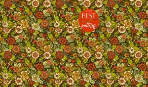 Floral and herbal colorful pattern on a dark olive backdrop