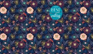 Floral and herbal colorful pattern on a navy blue backdrop