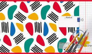 Multicolor abstract shapes and a set of school supplies on white