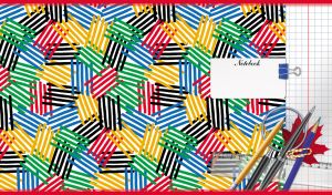 Multicolor abstract stripes and a set of school supplies on white