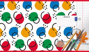 Multicolor abstract uneven circles and a set of school supplies on white