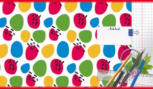 Multicolor abstract uneven ovals and a set of school supplies on white