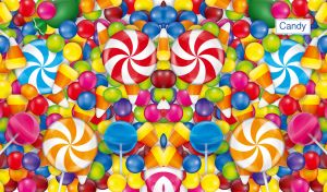 Symmetrical seamless pattern with multicolor candies, lollypops and gumballs