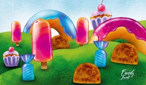 Children's drawing of a candy land with cookies, donuts, popsicles, and cupcakes