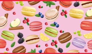 Seamless pattern of macaroons and berries on a pastel pink backdrop