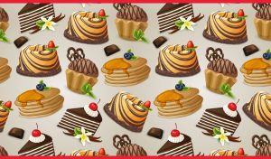 Seamless pattern of chocolate cakes and pancakes on a pastel beige backdrop