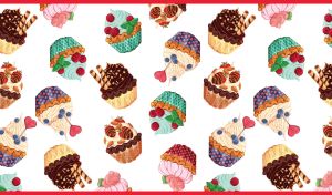 Seamless pattern of cupcakes with cream and chocolate icing on a white backdrop