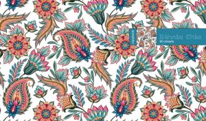 Ethnic seamless floral paisley pattern in ocher, pink and teal colors on white