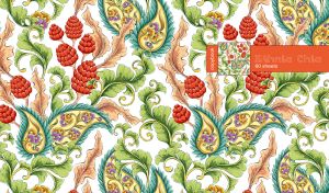 Ethnic seamless floral paisley pattern in red, green and yellow colors on white