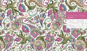 Ethnic seamless floral paisley pattern in lilac, green and brown colors on white