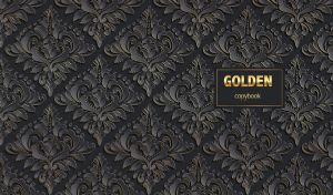 Damask floral texture with golden trims on a black backdrop