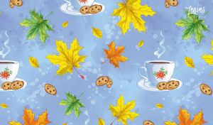 Autumn maple leaves and teacups vector on a pastel navy-blue backdrop