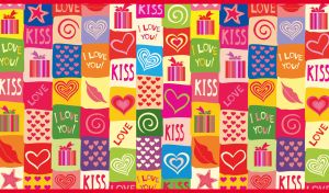 Kiss and Love tile style background in red, pink, green and yellow colors