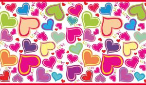 Hearts and Love style patterns in red, pink, green and yellow colors on white