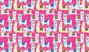 Seamless animal pattern with cartoon alpacas on a pink backdrop