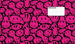 Whimsical fuchsia distorted smiley face pattern design on black