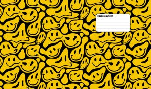 Whimsical yellow distorted smiley face pattern design on black