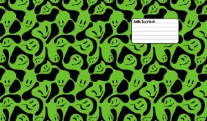 Whimsical green distorted smiley face pattern design on black