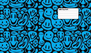 Whimsical blue distorted smiley face pattern design on black
