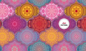 Ornate ethnic Indian mandala designs with vibrant pink, yellow, and blue hues