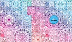 Geometric mosaic mandala design in blue and red against a white backdrop