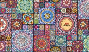 Geometric mosaic mandala design in multiple colors